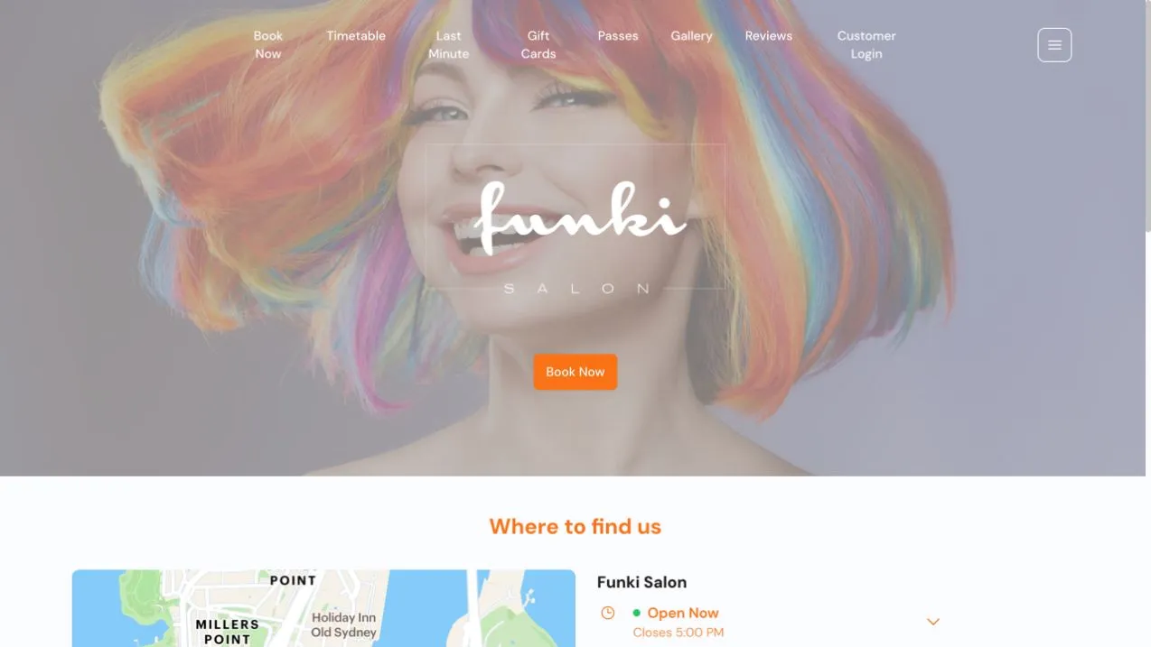 Funki Salon booking mini-website on desktop