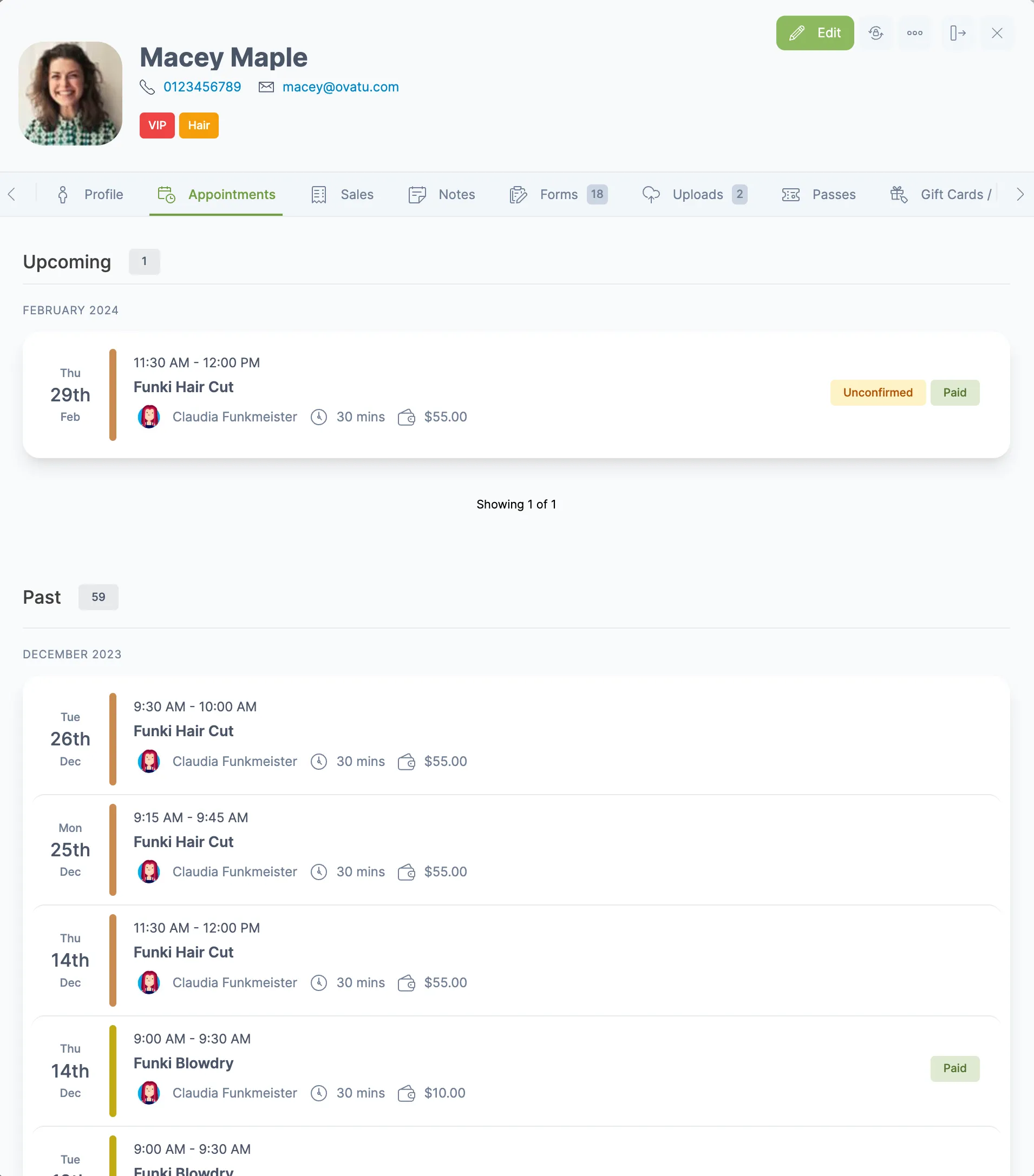 A customers profile on the Ovatu web app