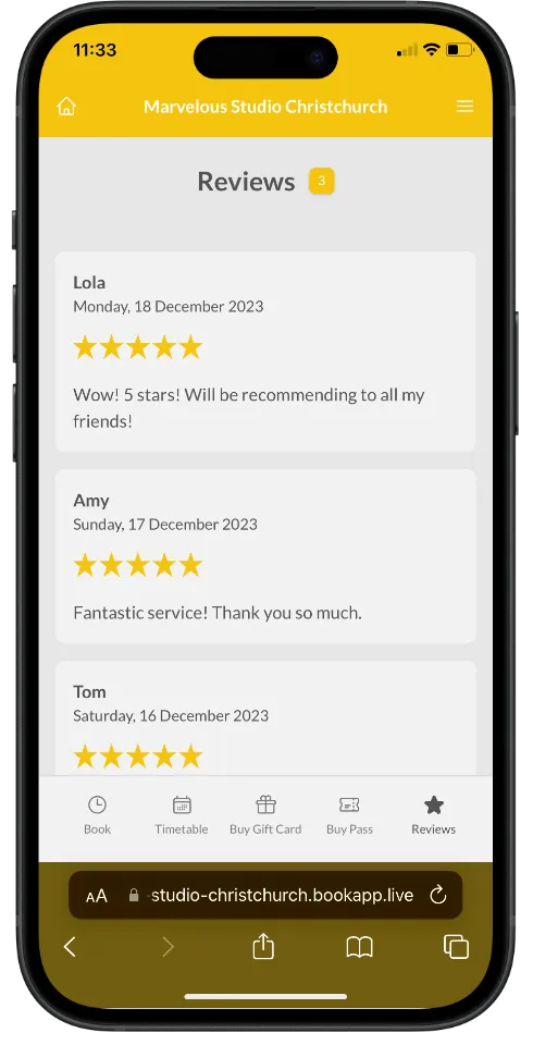 A list of customers reviews on a customised Ovatu book.app minisite on iPhone